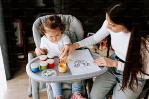 a woman sitting in a high chair with a child