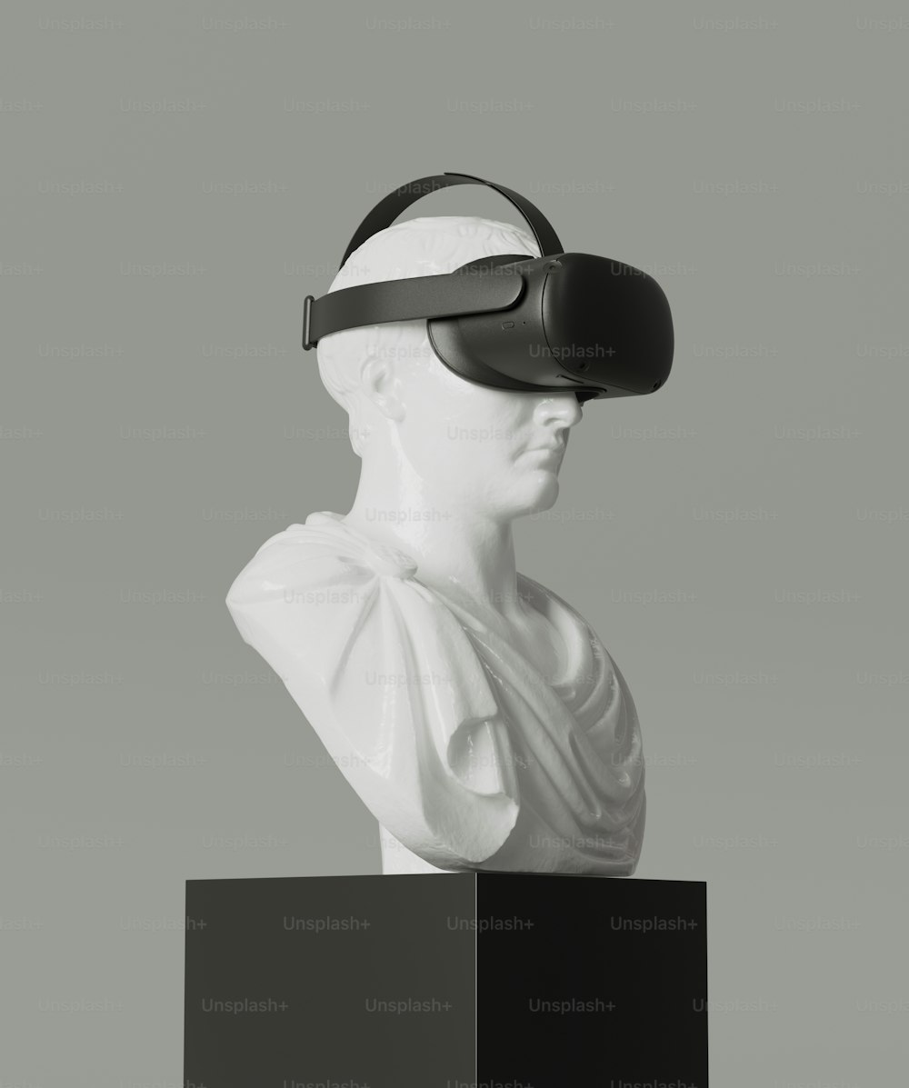 um busto de um homem usando um fone de ouvido virtual