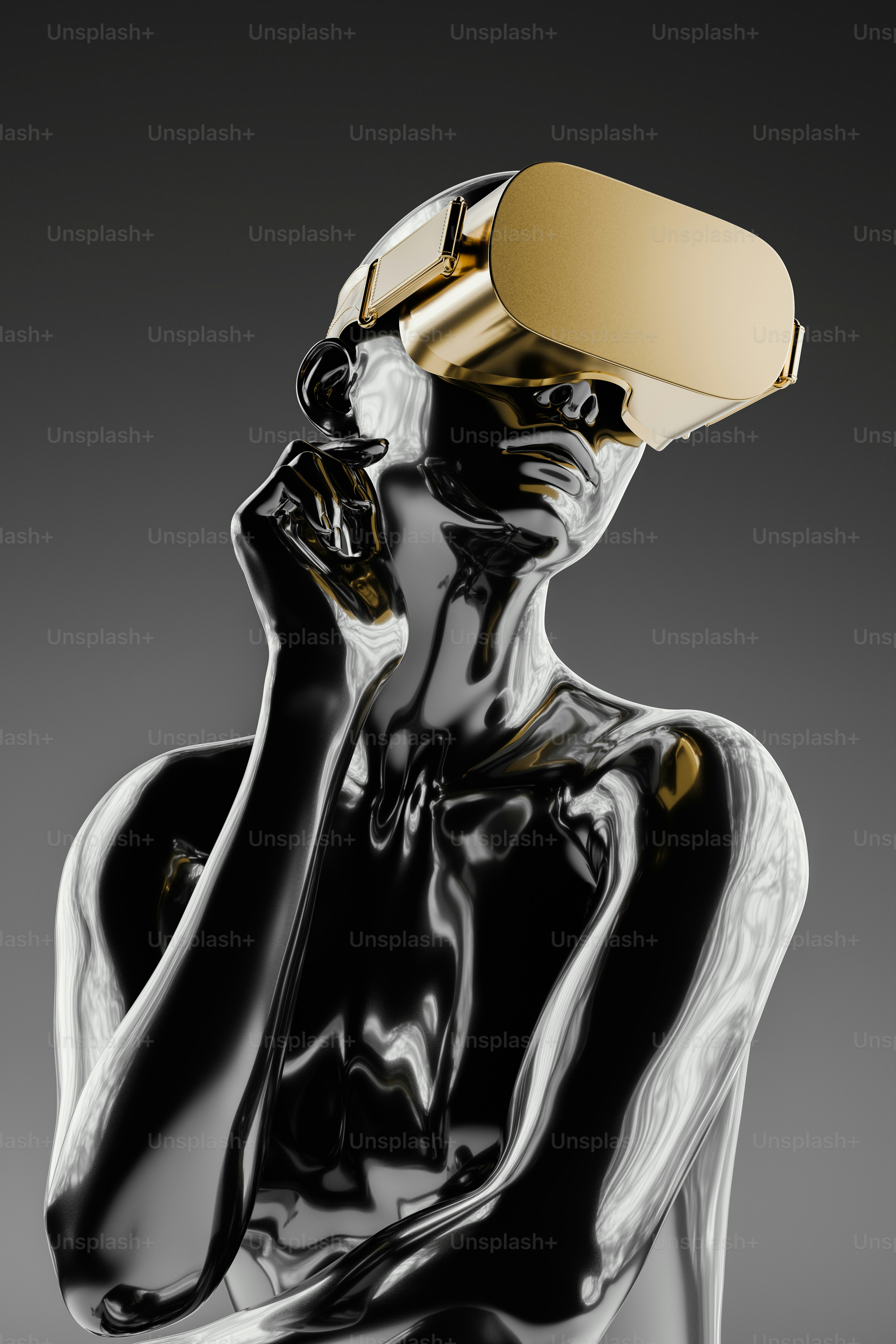 a black and white photo of a person with a gold object on their head