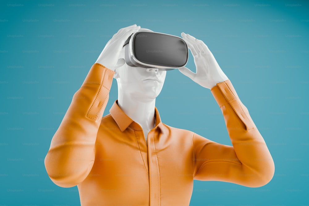 une personne portant une chemise jaune tenant un appareil virtuel sur sa tête
