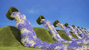 un ensemble de sculptures faites d’herbe et de fleurs