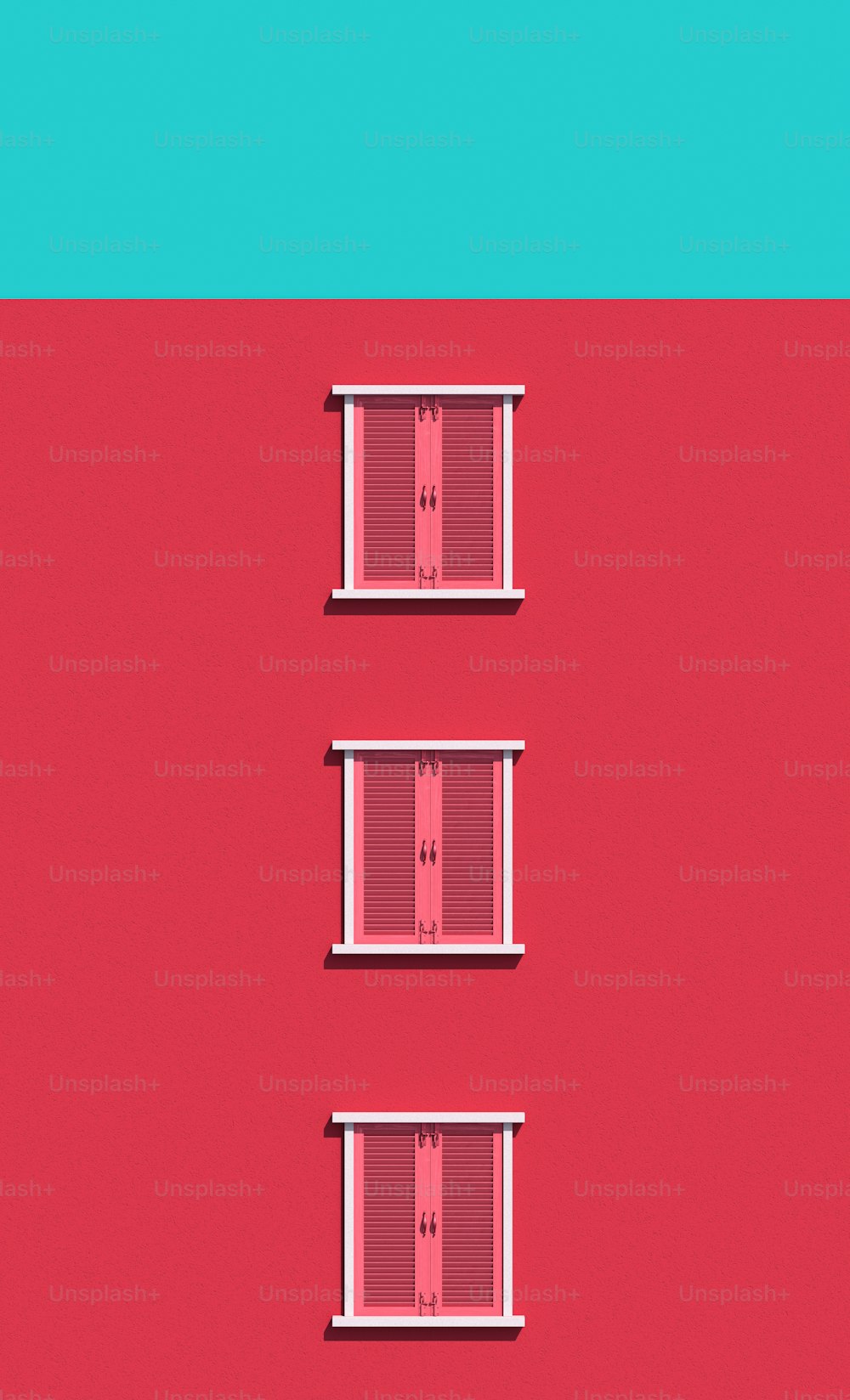 Drei Fenster mit geschlossenen Fensterläden auf rot-blauem Hintergrund