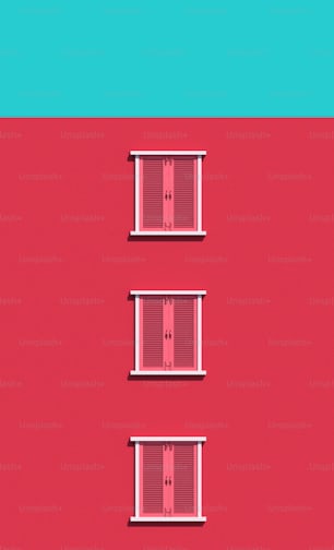 three windows with closed shutters on a red and blue background