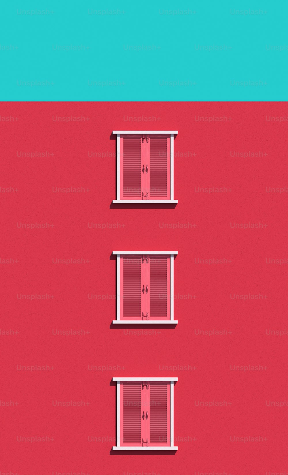 three windows with closed shutters on a red and blue background