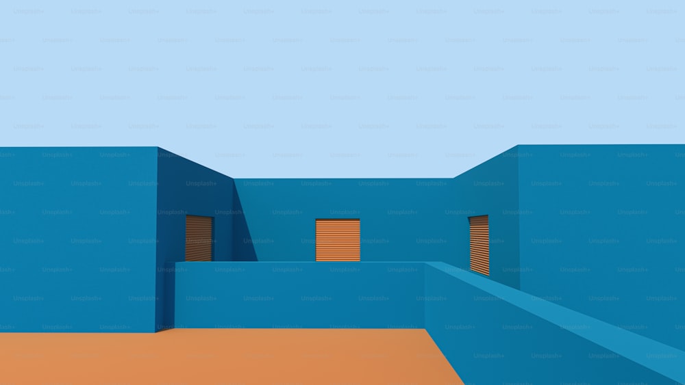una stanza con una parete blu e due finestre