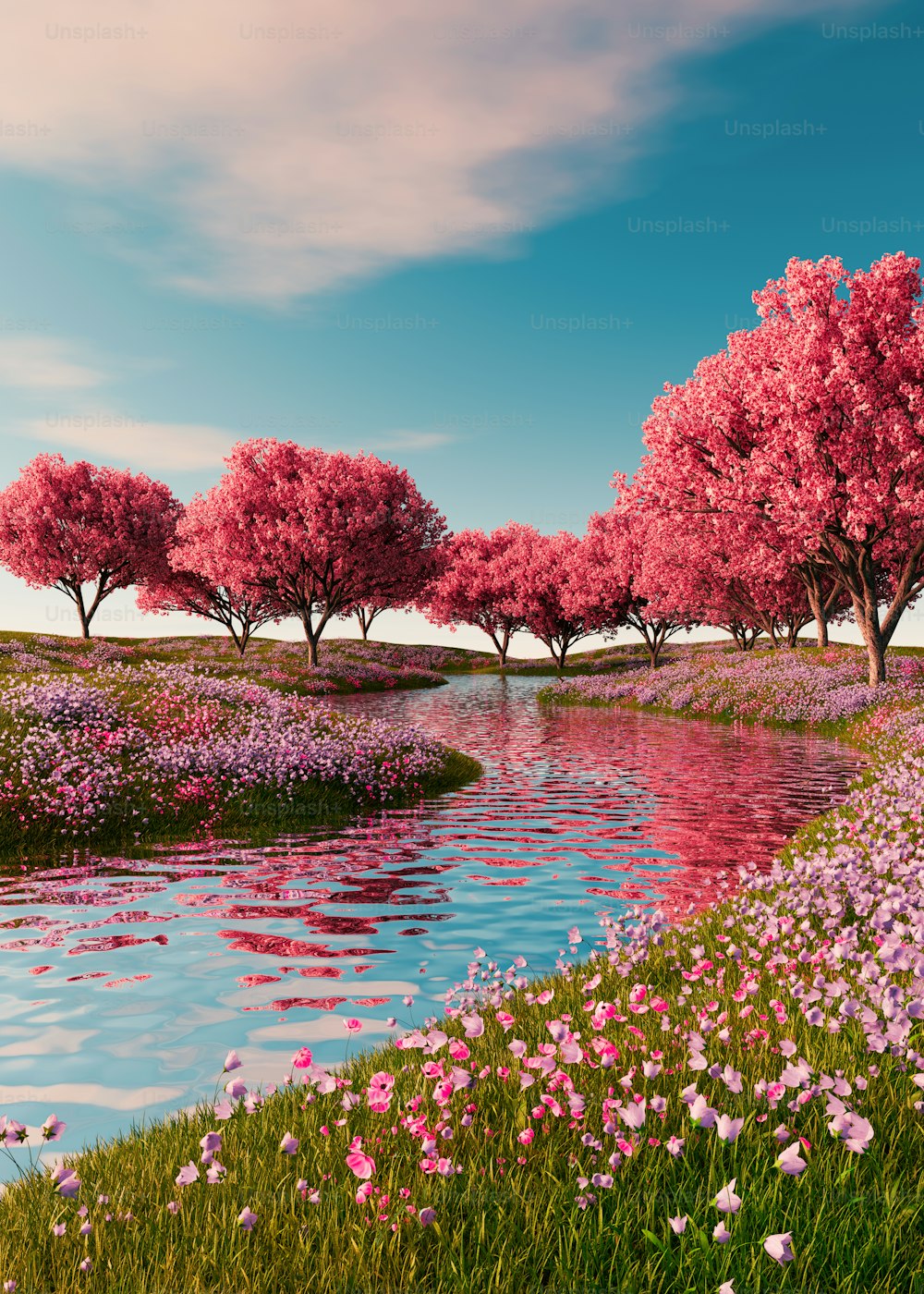un dipinto di un fiume circondato da fiori rosa