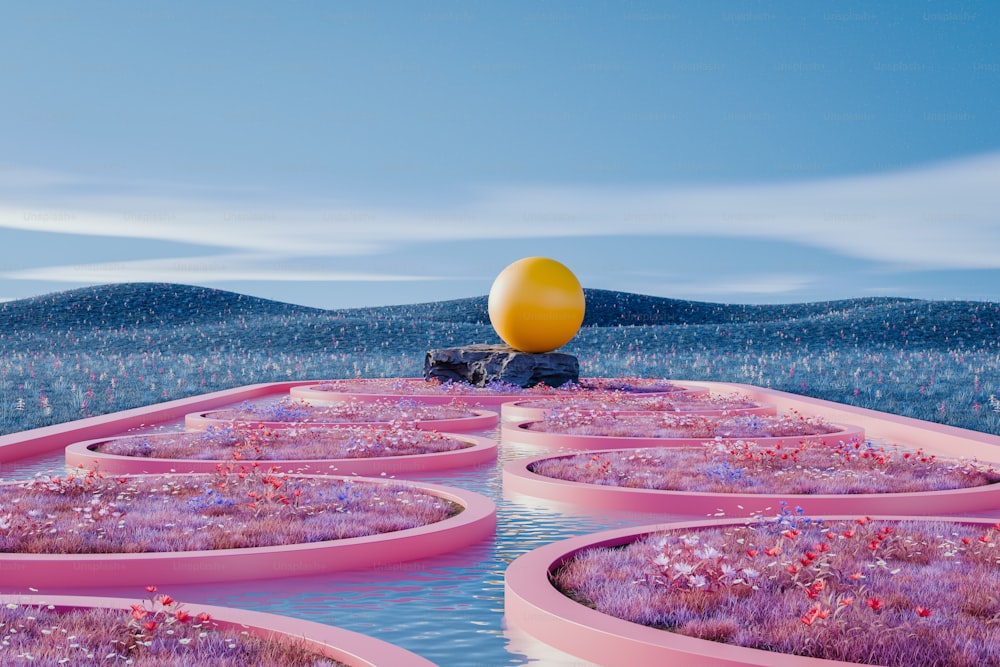 a large yellow ball sitting on top of a purple field