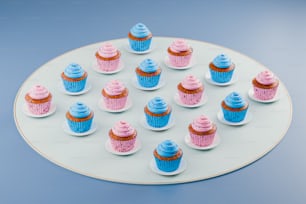 um prato branco coberto com cupcakes azuis e rosa