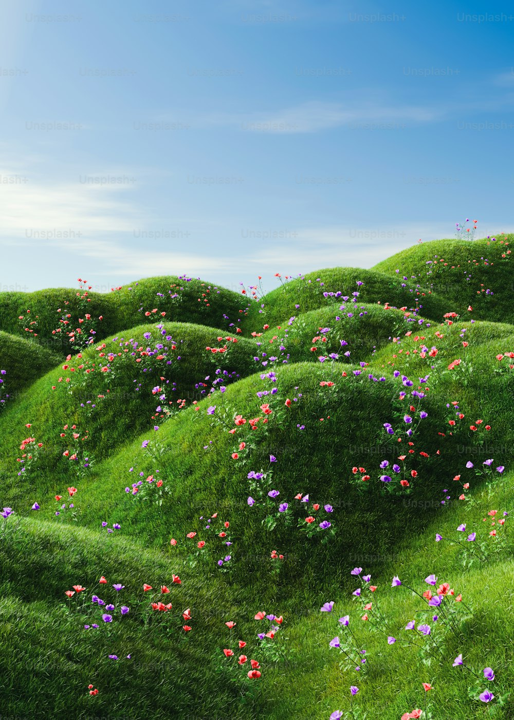 a grassy hill with flowers growing on it