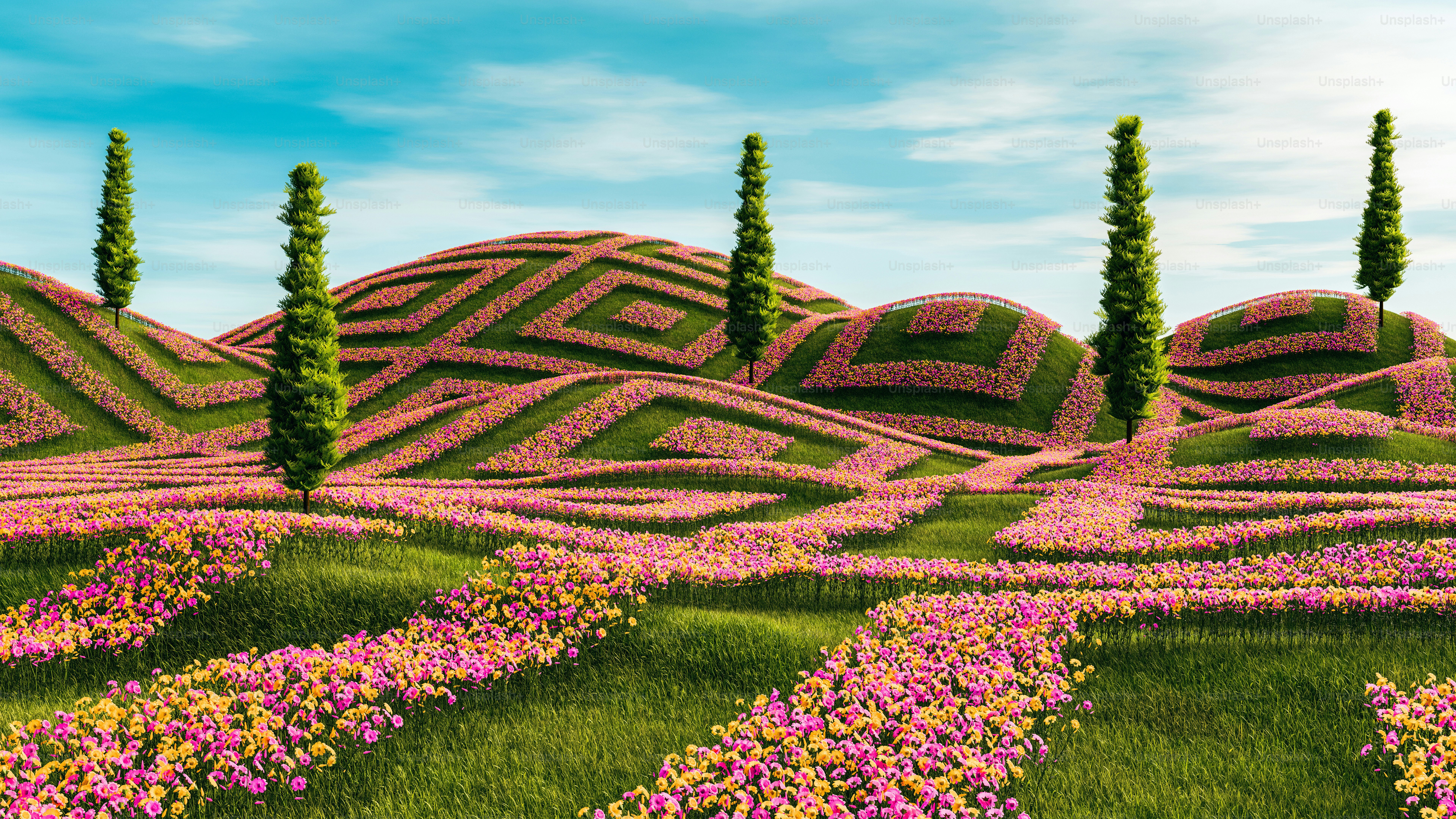 a painting of a field of flowers with trees in the background