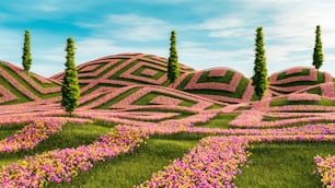 un dipinto di un campo di fiori con alberi sullo sfondo
