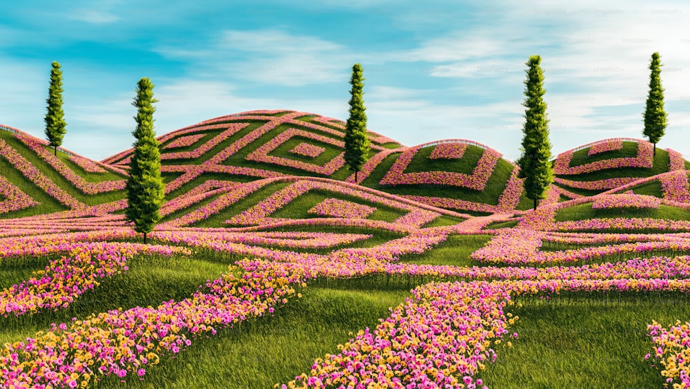 uma pintura de um campo de flores com árvores ao fundo