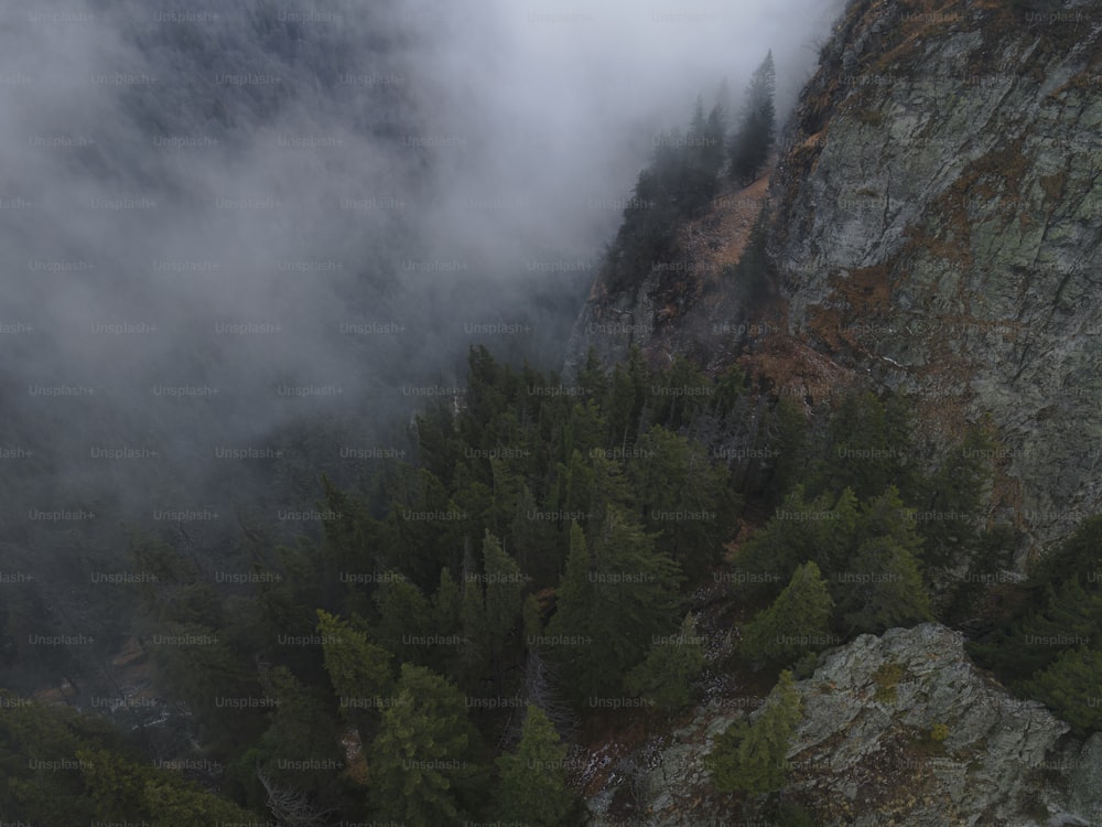 uma vista do topo de uma montanha coberta de nevoeiro