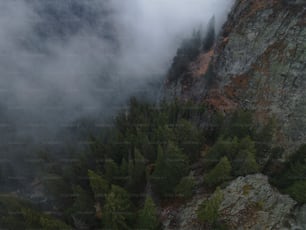 Blick auf den Gipfel eines nebelverhangenen Berges