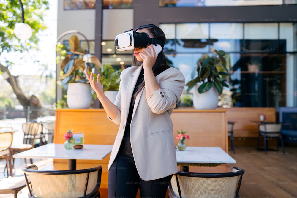 a woman using a virtual reality headset