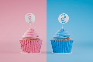 a cupcake with pink frosting and a blue cupcake with pink frosting
