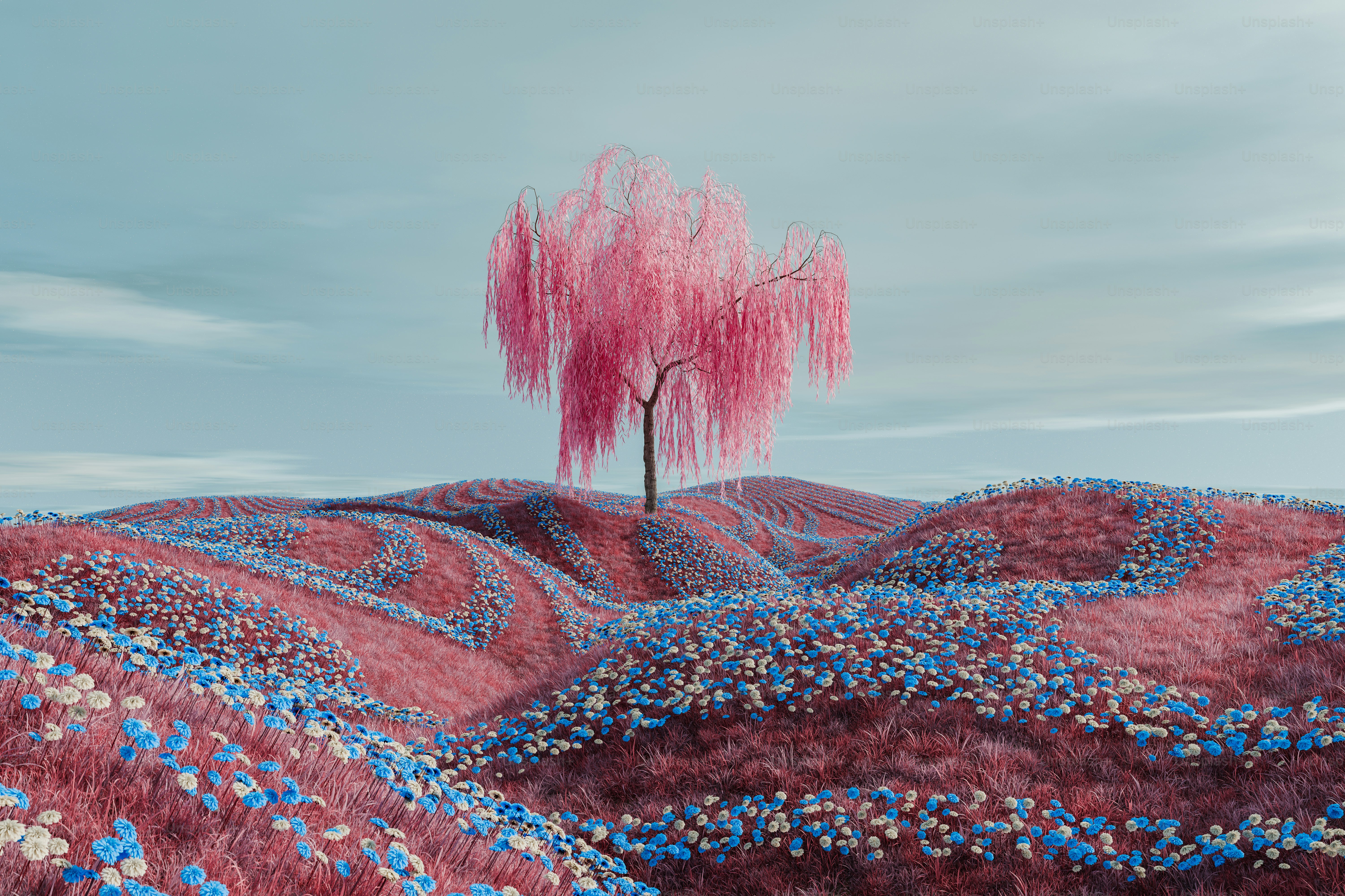 a pink tree in a field of blue flowers