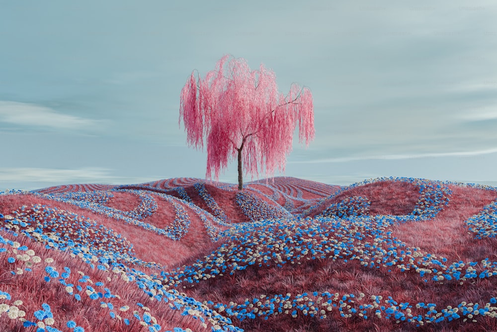un árbol rosado en un campo de flores azules