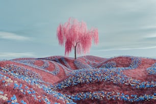 un árbol rosado en un campo de flores azules