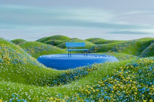un banco azul sentado en la parte superior de un exuberante campo verde