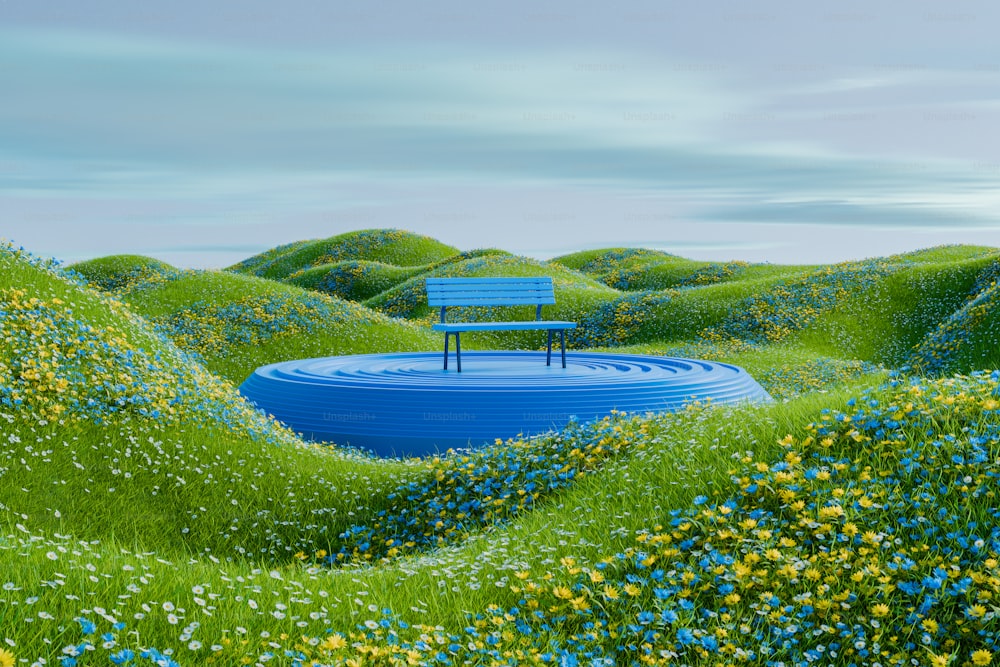 una panchina blu seduta in cima a un campo verde lussureggiante