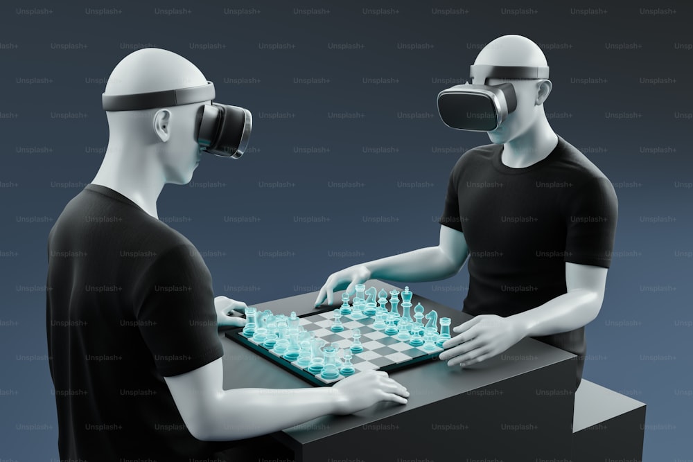 Deux personnes jouant à une partie d’échecs avec des lunettes virtuelles
