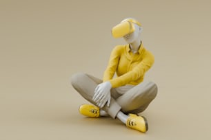 una persona seduta a terra che indossa un cappello giallo
