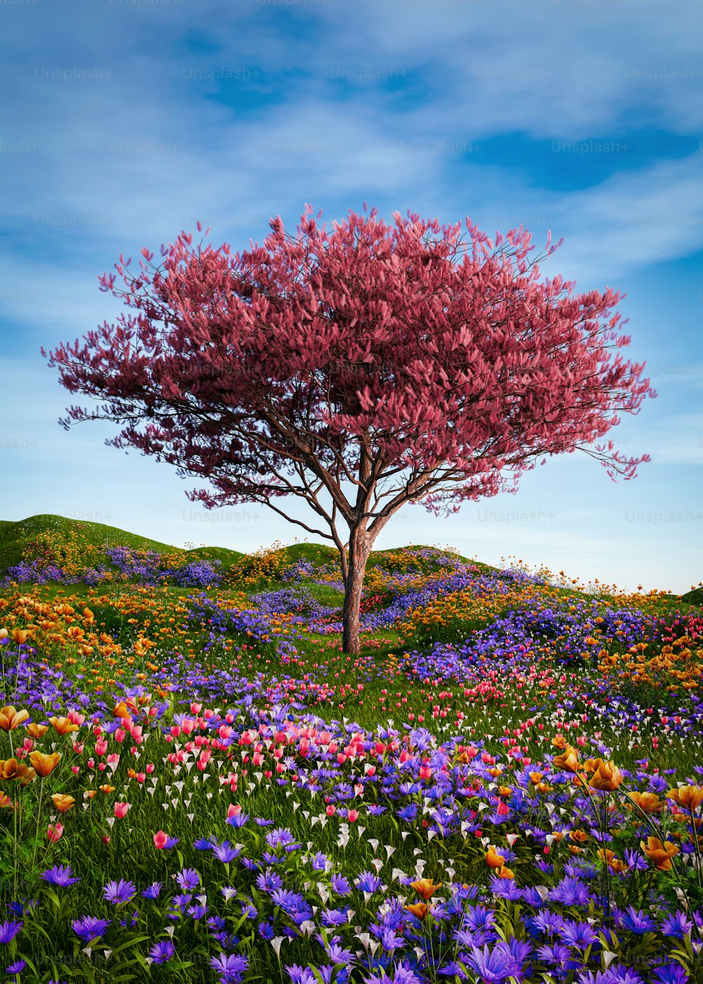 a tree in a field of flowers with a blue sky in the background