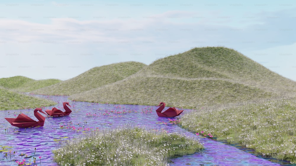 a group of red swans floating on top of a river