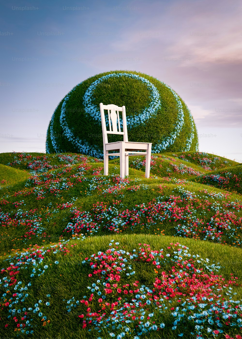 a white chair sitting on top of a lush green hillside
