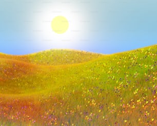 una pintura de un campo cubierto de hierba con un sol en el fondo