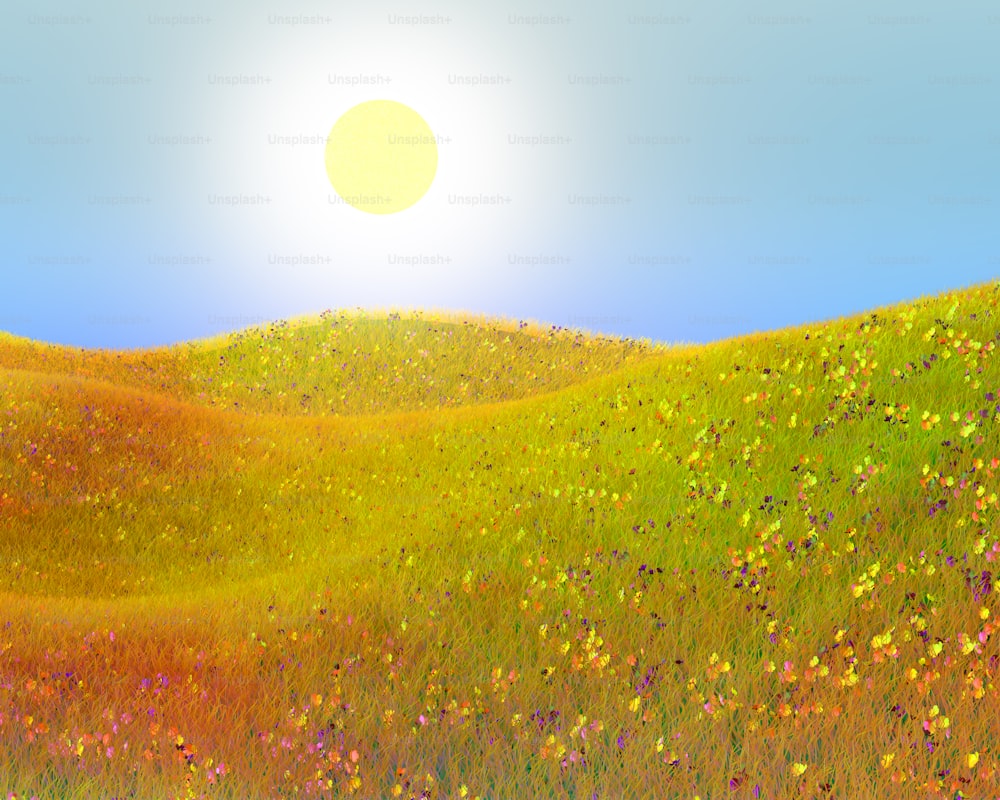 une peinture d’un champ herbeux avec un soleil en arrière-plan