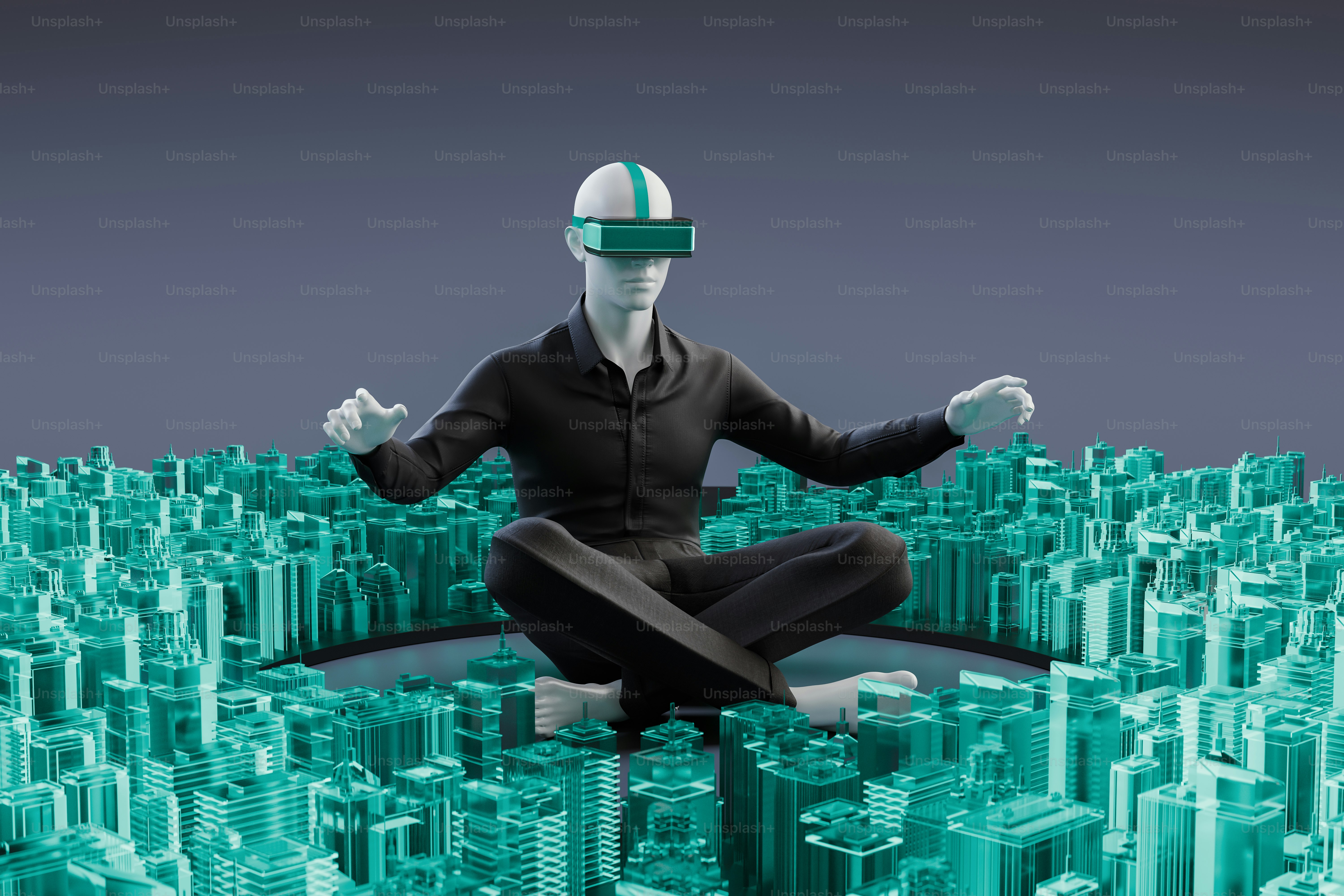 a man sitting in a yoga position in front of a city