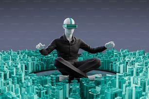 a man sitting in a yoga position in front of a city
