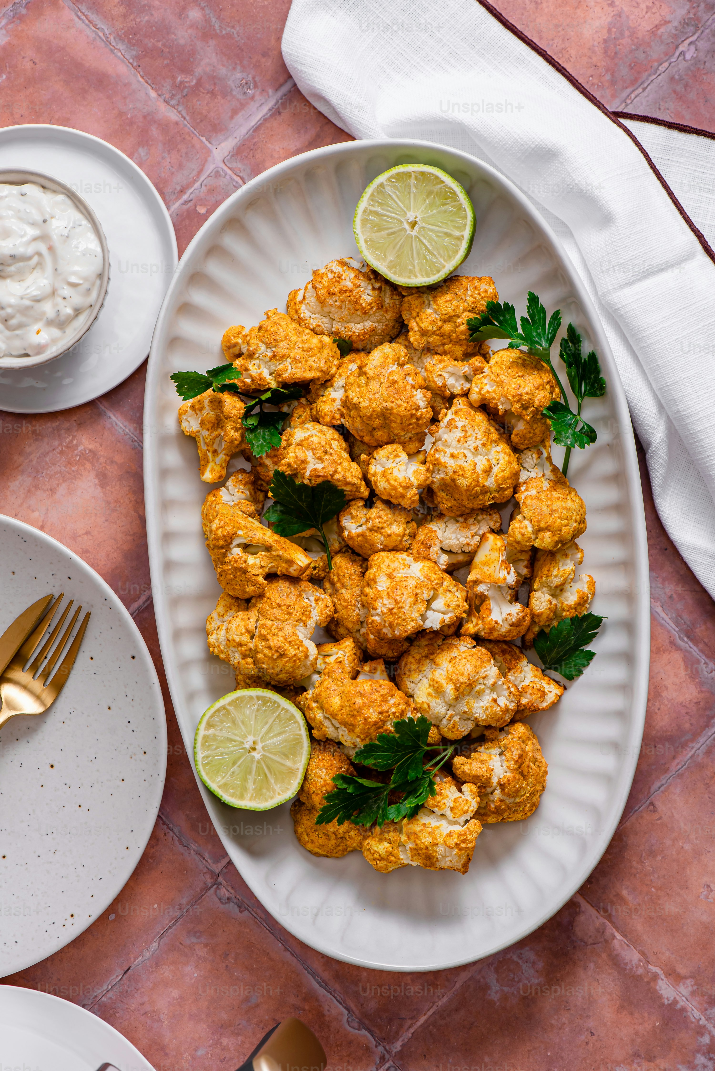 a white plate topped with cauliflower next to a bowl of sour cream