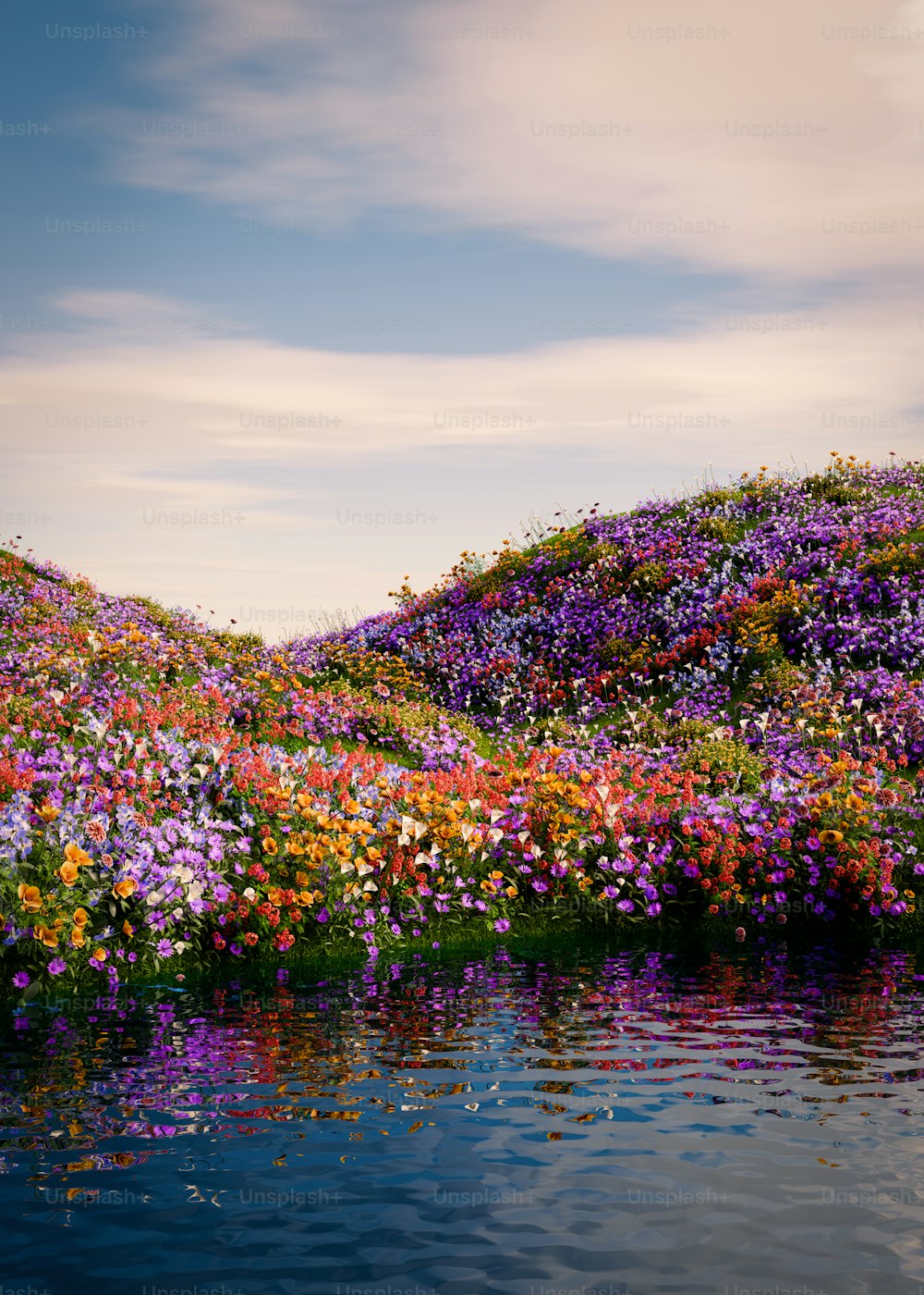 une peinture d’un champ de fleurs sauvages au bord d’un lac