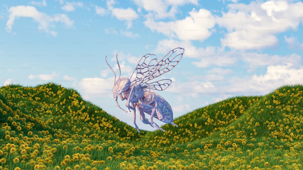 uma pintura de um inseto voando sobre um campo de flores amarelas