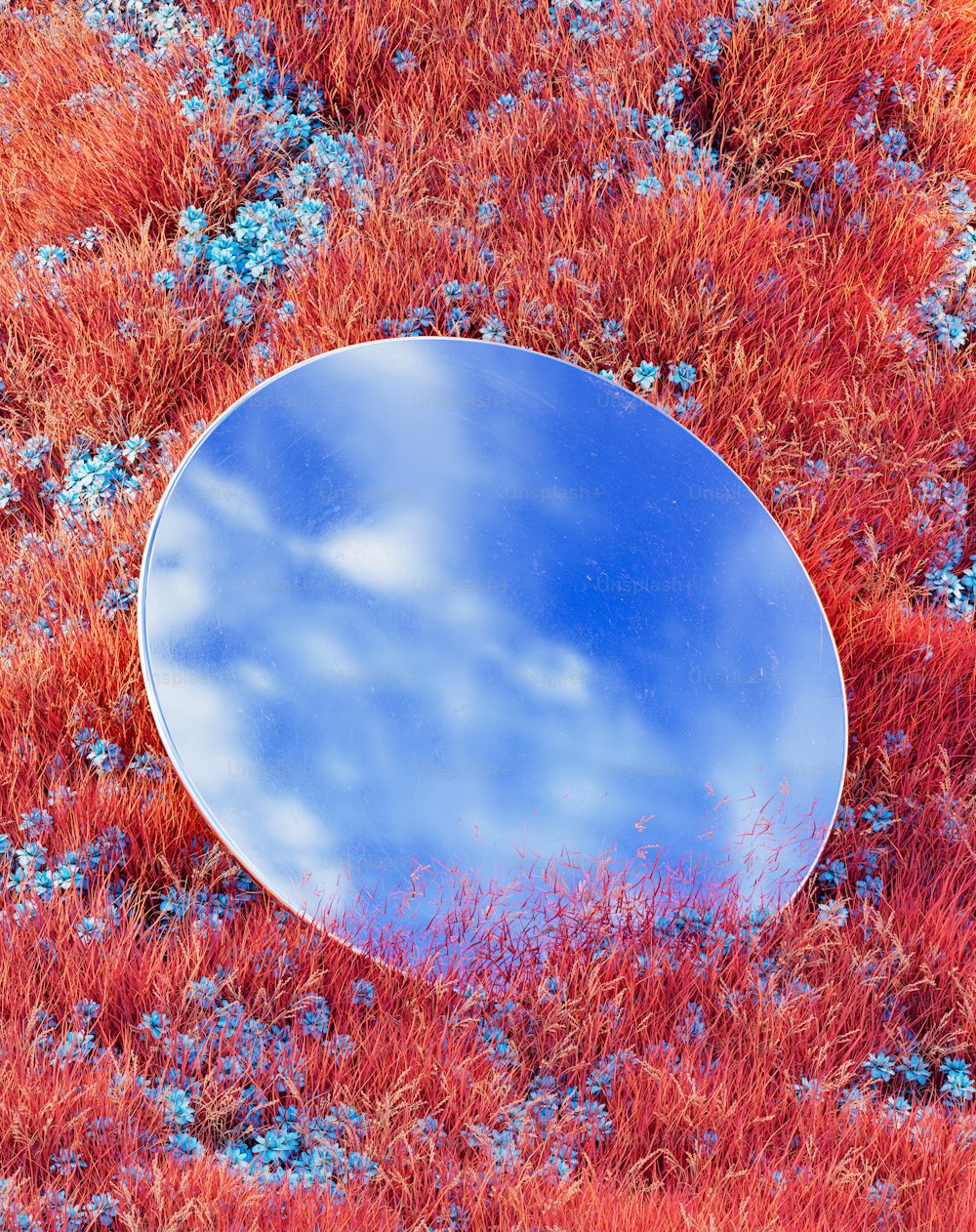 a round mirror sitting on top of a grass covered field