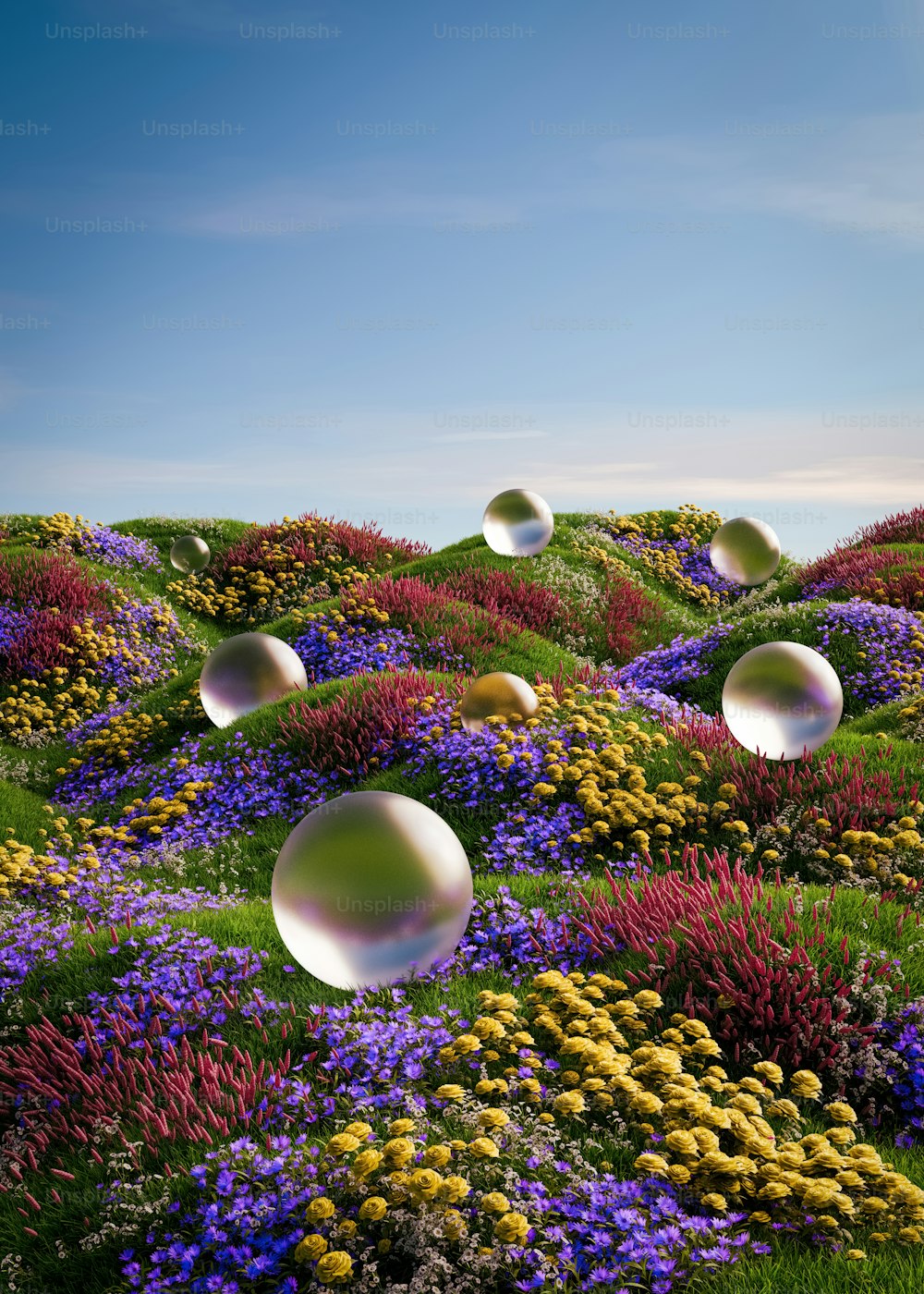 a bunch of bubbles floating in the air over a field of flowers
