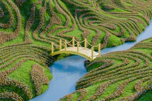 a bridge over a river surrounded by a lush green field