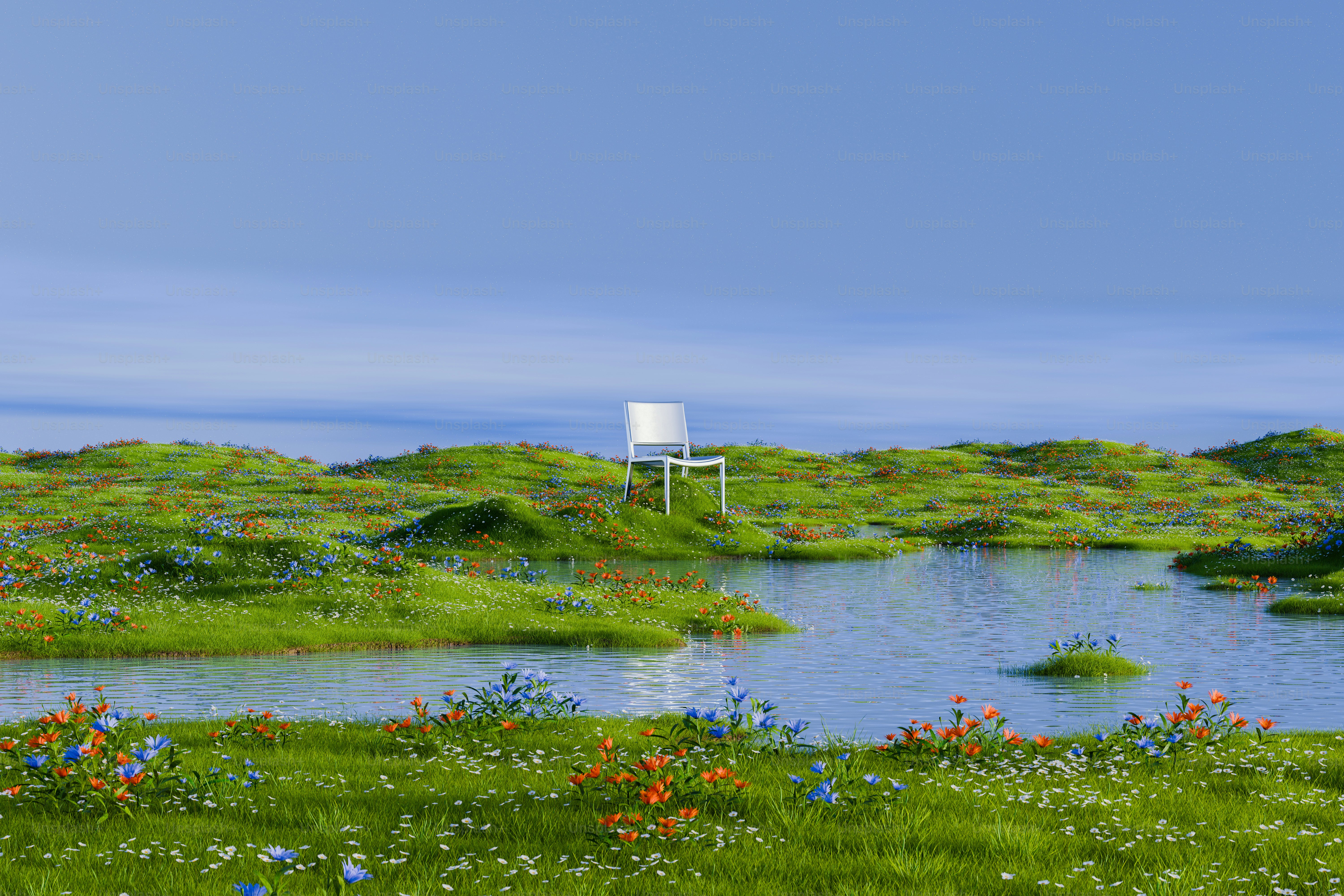 a painting of a chair in a field of flowers