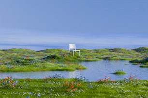 una pintura de una silla en un campo de flores