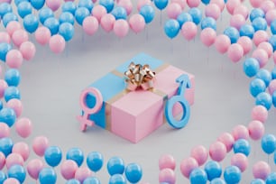 a pink and blue present box surrounded by balloons