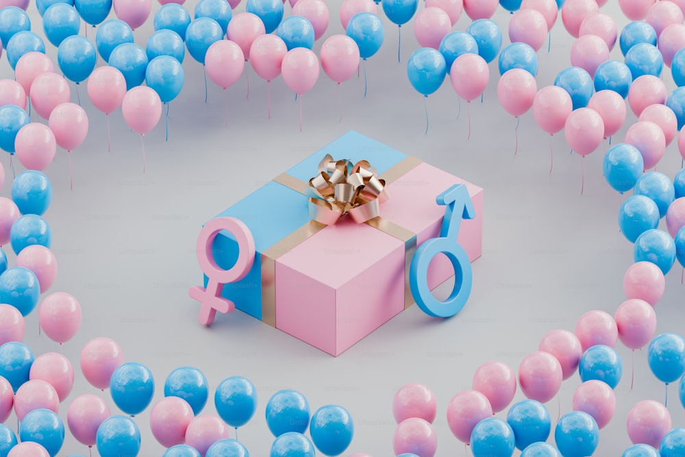 una caja de regalo rosa y azul rodeada de globos
