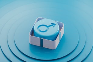una caja azul y blanca con un símbolo masculino