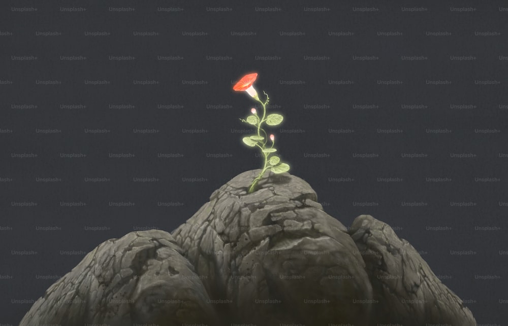 自由の希望の精神的な夢のコンセプトペインティング、赤い花は壊れた石の上に育ちます