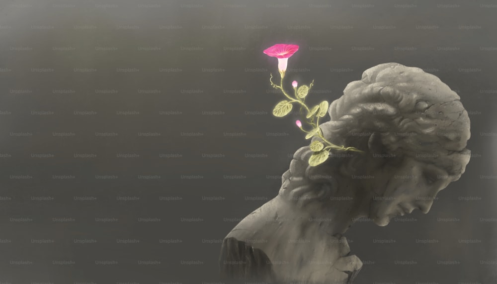 pittura concettuale spirituale e onirica di speranza di libertà, scena surreale di fiore rosa crescere su una scultura umana rotta
