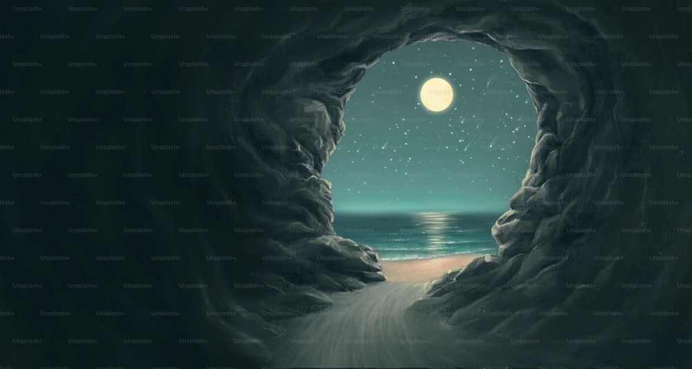 Surreal art human head cave with night sea, hope faith freedom spiritual and imagination concept artwork, nature painting