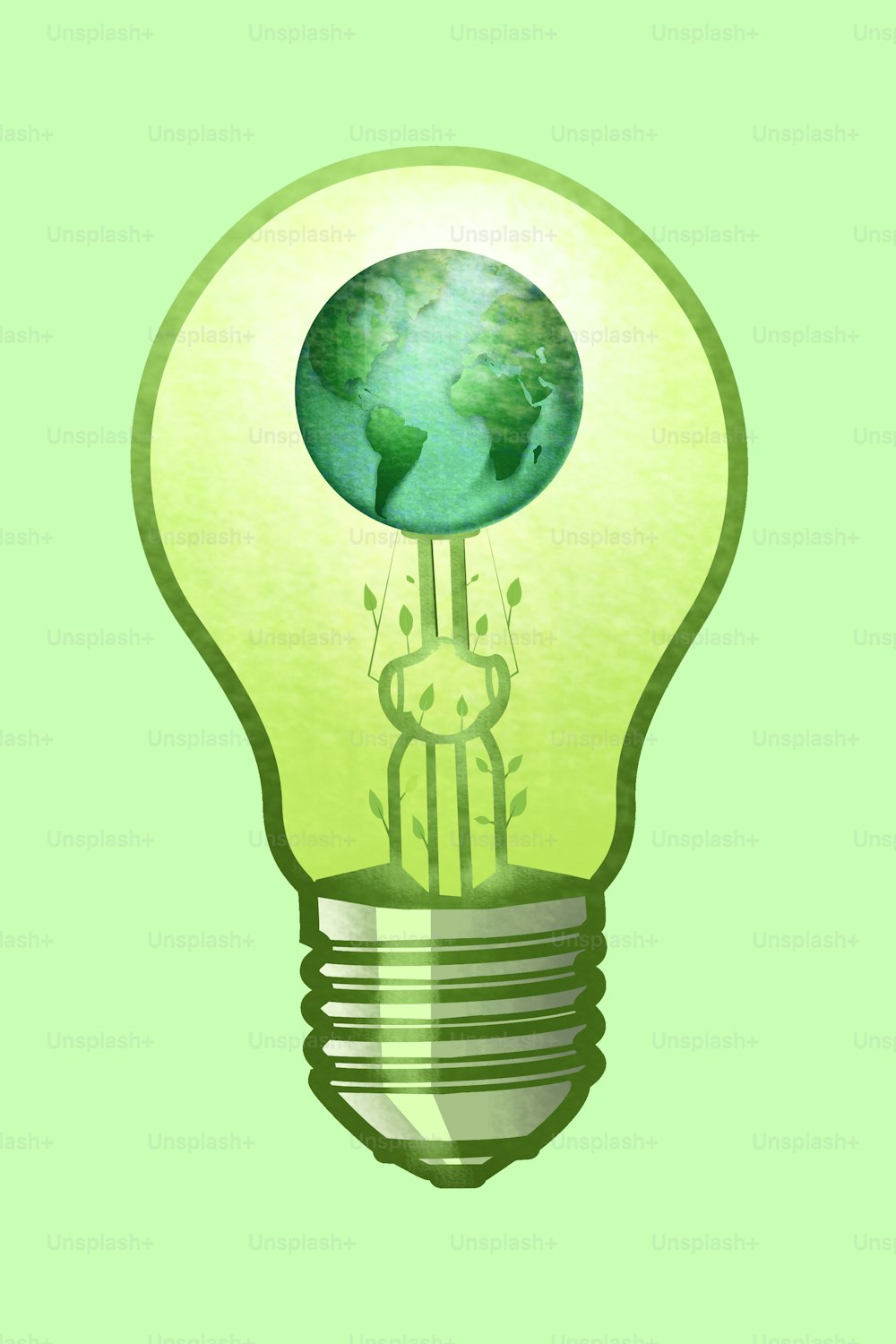 Erneuerbare Energiequellen. Grünes Energiekonzept mit Glühbirne, Planet Erde und Blättern