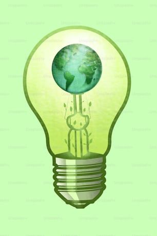 Fuentes de energía renovables. Concepto de energía verde con una bombilla, el planeta Tierra y las hojas